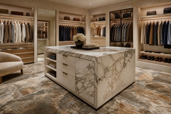 Walk-In Closets: Stone Islands and Flooring