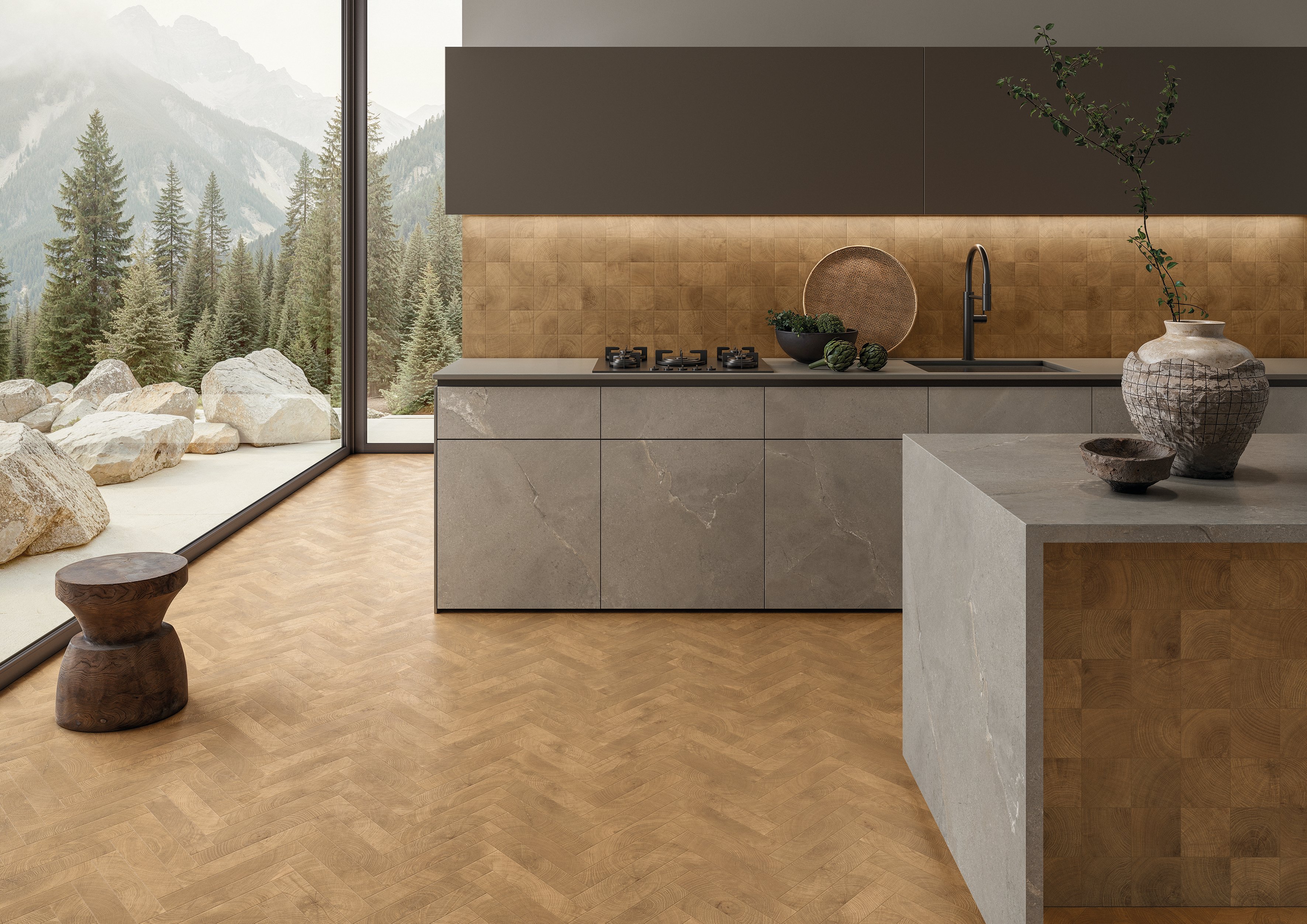 DECMAT_W-Circles_Walnut_4x4-Brick-2x12_W-Circles Walnut 5,3x30-10x10 Unique Intensity Grey Purestone Amb Cucina