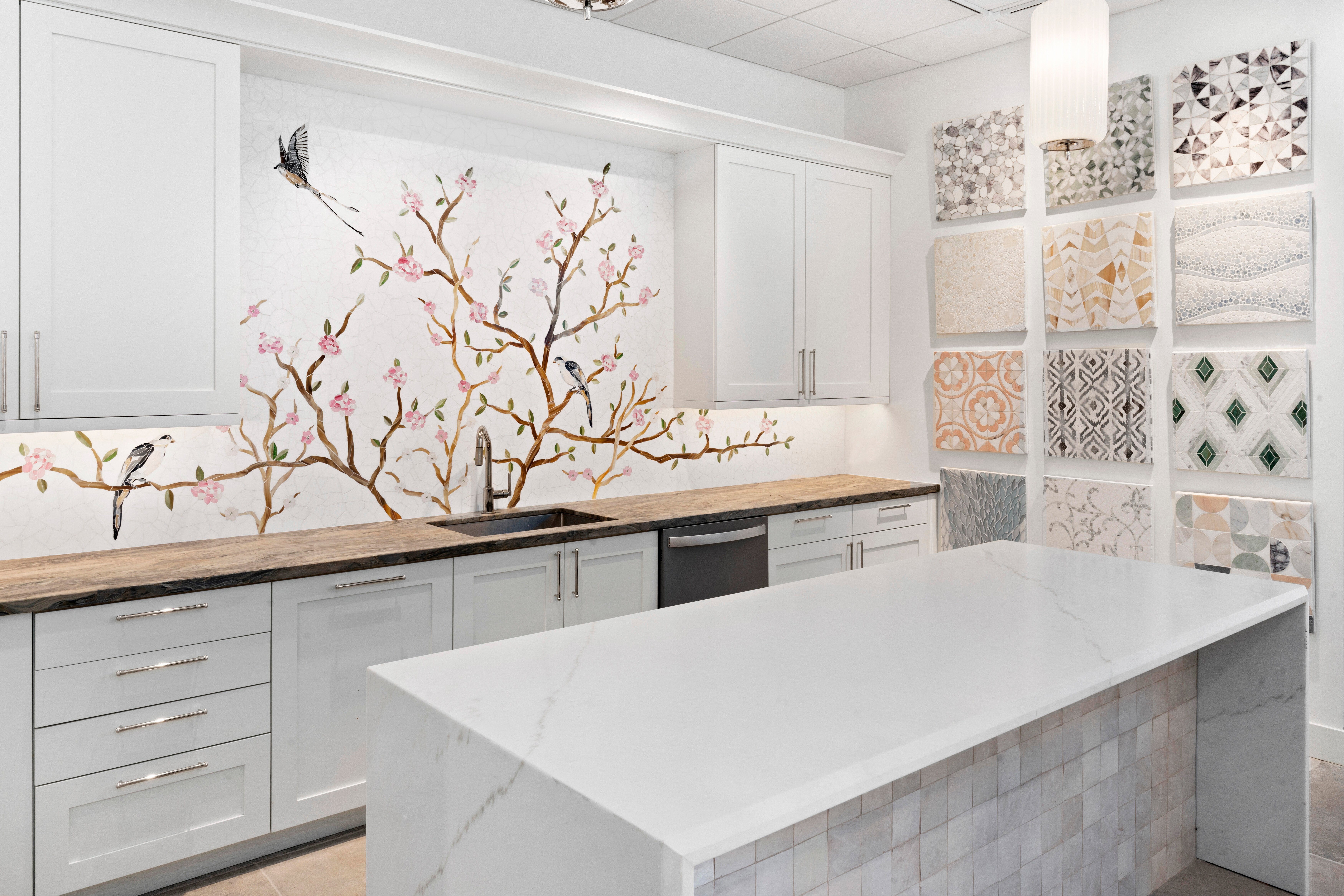 basalt showroom kitchen with glass chinoiserie mosaic backsplash