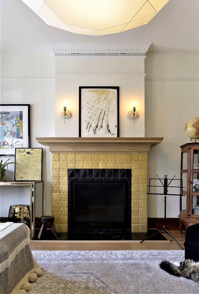 butter yellow tile fireplace surround