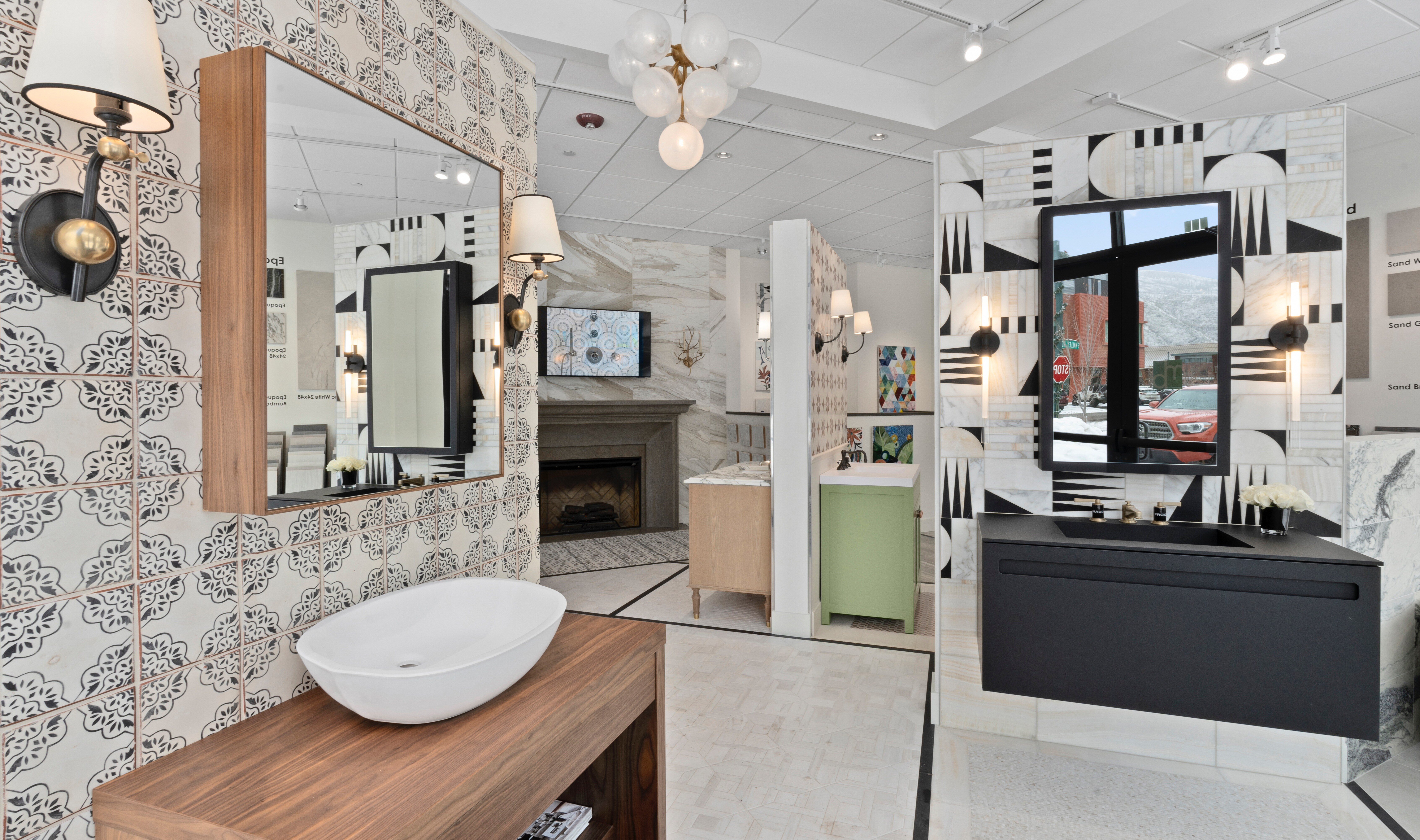 jarden secret laurel white and brown mosaic wall shown in a powder room behind a white vessel sink, round mirror, and vase with fall flowers